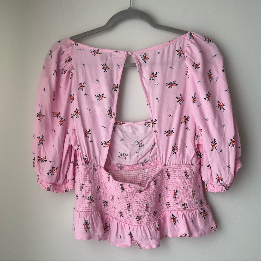 AFRM Pink Floral Print Crop Smocked Top Size Large - Picture 3 of 9